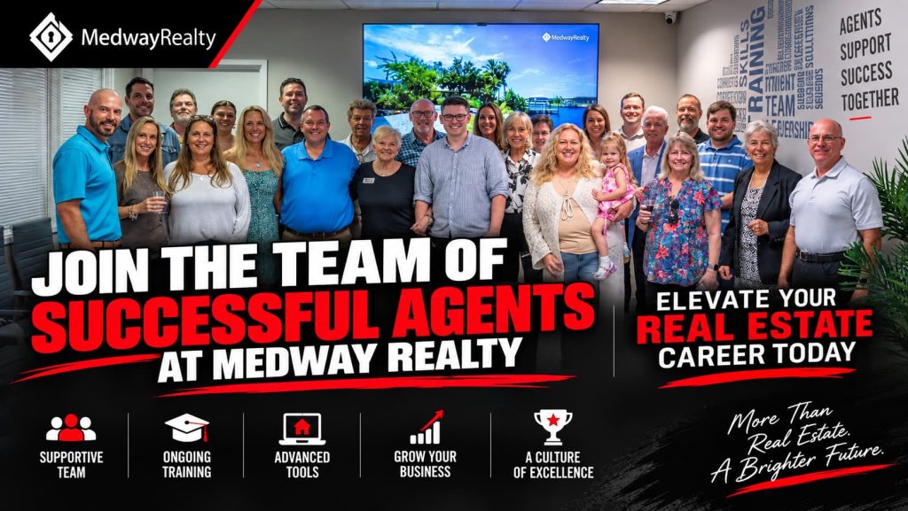 Medway Realty recruitment graphic featuring a large real estate team photo with bold black, white, and red branding. Text reads “Join the Team of Successful Agents at Medway Realty” and “Elevate Your Real Estate Career Today,” with icons highlighting supportive teamwork, ongoing training, advanced tools, business growth, and a culture of excellence.