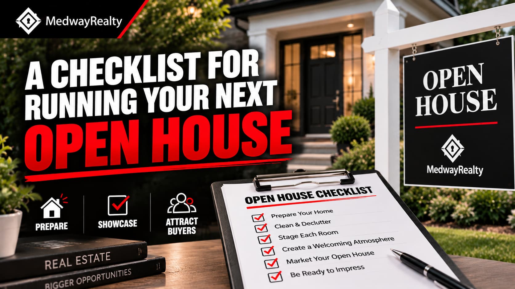 MedwayRealty real estate graphic featuring an open house checklist, an “Open House” sign, and a home exterior, with bold black, white, and red branding. The headline reads “A Checklist for Running Your Next Open House.”