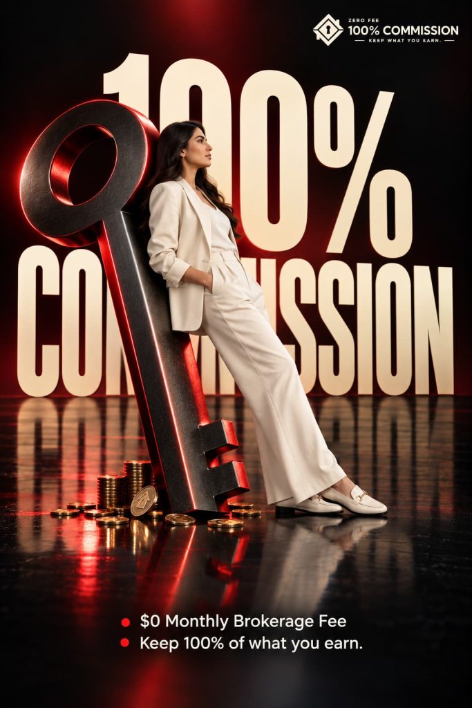 Real estate agent standing beside a giant key graphic representing Medway Realty's 100% commission plan with $0 monthly brokerage fees in Sarasota, FL